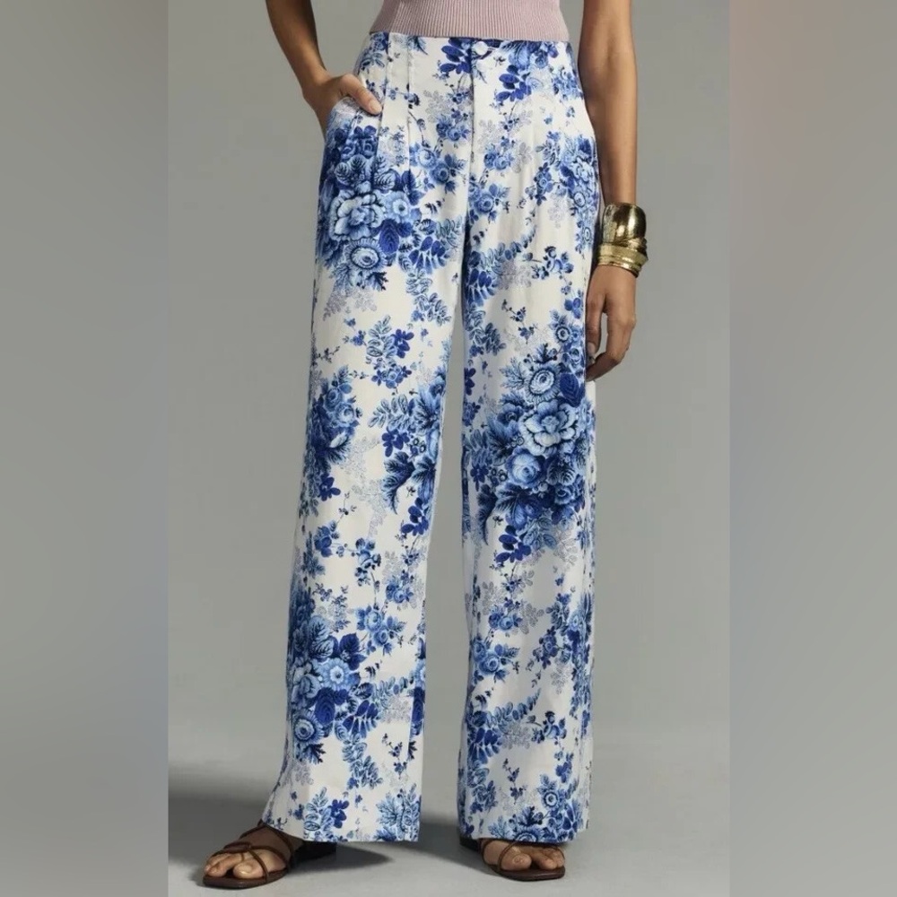 Maeve by Anthropologie Linen Blend Pleated Blue White Floral Wide Leg Pants 4P